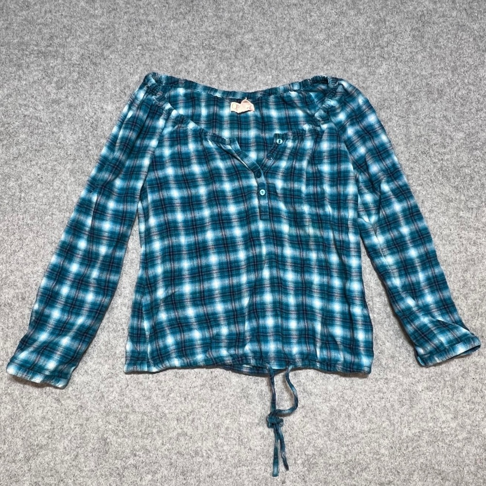 Ocean Pacific Girls XL 15/17 Plaid Henley Long Sleeve Top Teal Blue Drawstring